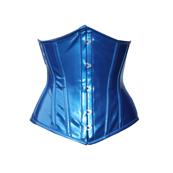 Women Heavy Duty Steel Boned Corset Underbust Corset Waist Training Metallic Blue PVC Hourglass Curve Corset
