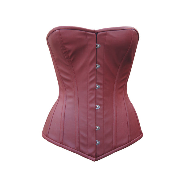 Women Overbust Maroon Leather Steel Boned Corset