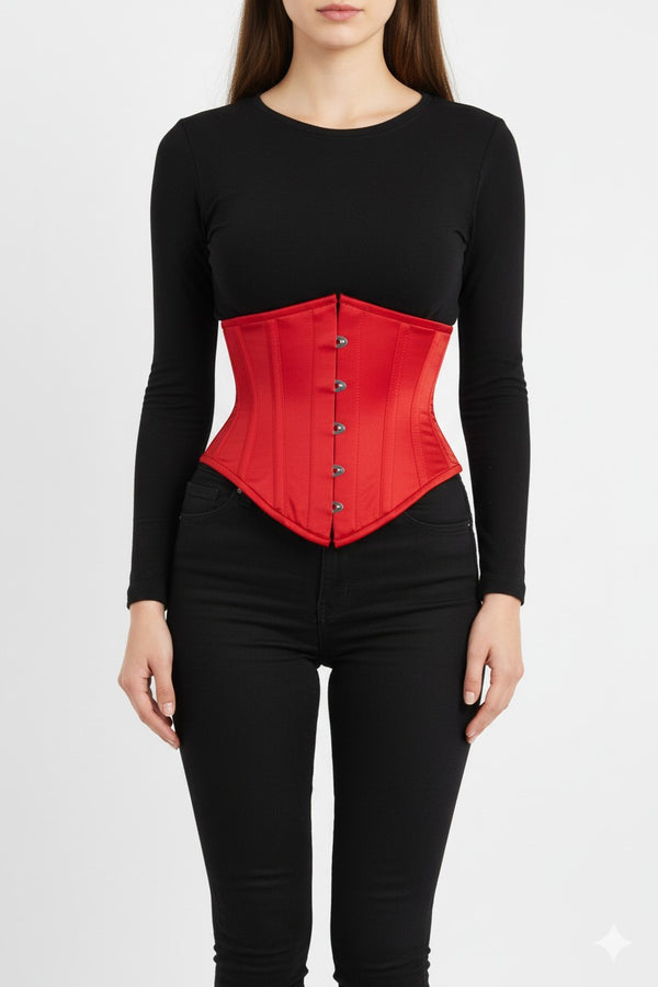 Women Red Satin Underbust Waist Cincher Corset