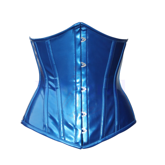 Women Heavy Duty Steel Boned Corset Underbust Corset Waist Training Metallic Blue PVC Hourglass Curve Corset